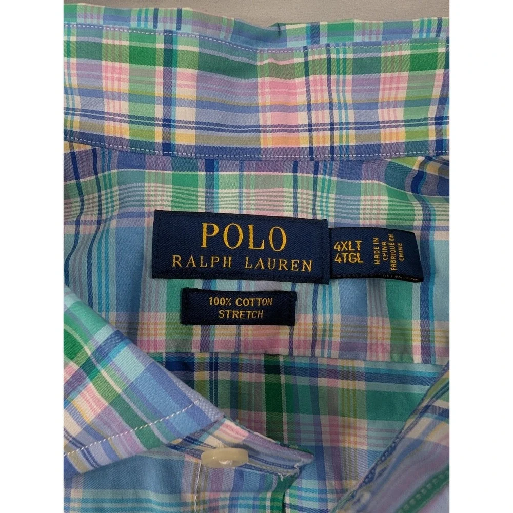 Ralph Lauren Men 4XLT Plaid Button Down Shirt  Blue Pink Check Long Sleeve Pony